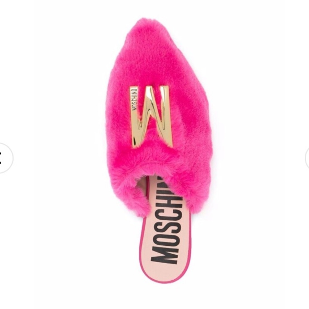 NWOT Moschino logo-plaque faux-fur mules
